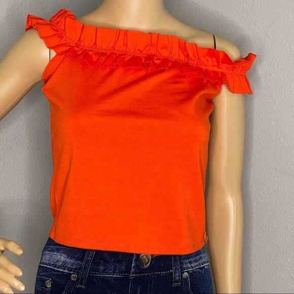 Guess Orange Ruffled Off Shoulder Croptop Size Small - Picture 2 of 12
